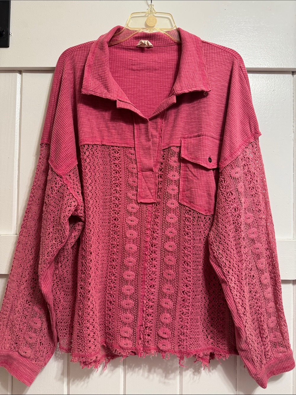 POL Rose-Pink Crochet & Waffle-Knit Pullover Tunic